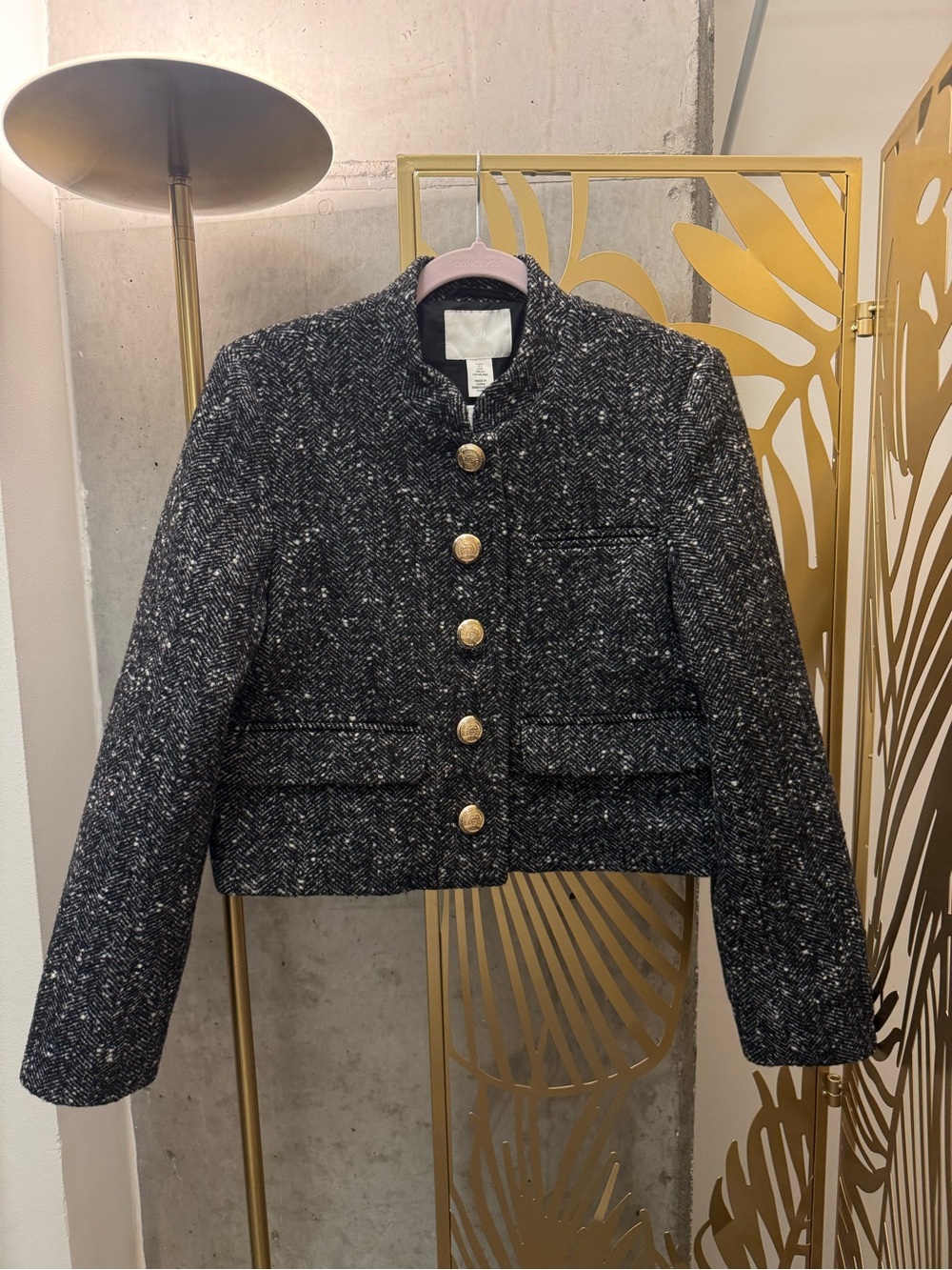 H&M Black & Gray Cropped Tweed Blazer with Gold Buttons